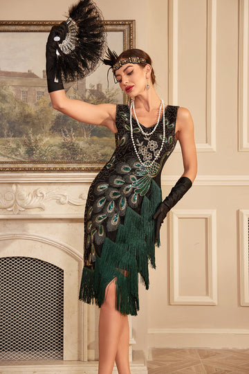 Abito verde scuro con paillettes frangiate anni 1920 con accessori set